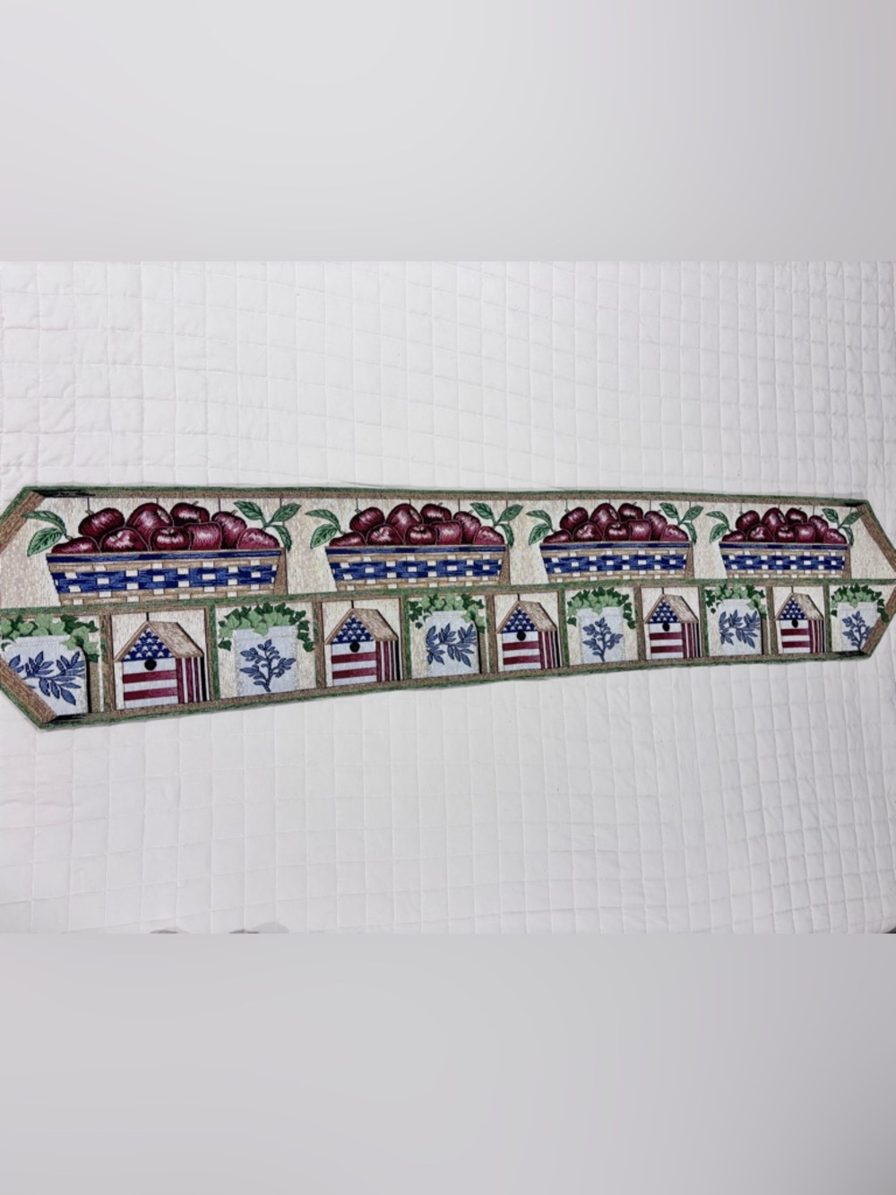 Tapestry Table Runner 70x30 Tassels Patriotic Apples Birdhouse House Plants Flag